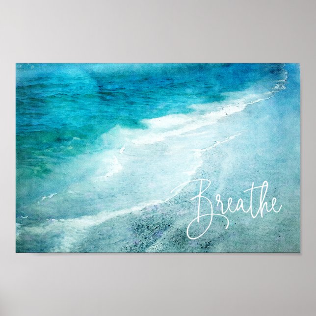 Poster Breathe Yoga Cote Retro Beach Teal Blue Ocean (Frente)
