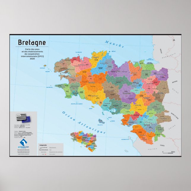 Poster Bretagne, carte administrative 2020 (en français) (Frente)