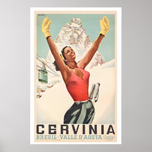 Poster Breuil-Cervinia Vale de Aosta Itália Esqui Antigo