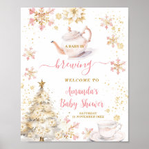Brewing Pink Winter Tea Party Baby Shower Welcome