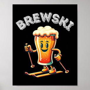 Poster Brewski Winter Skiing Beer Ski Retro Cartoon Engra