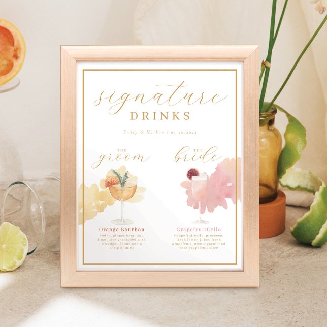 Poster Bride & Groom Signature Drinks Cocktail Aquarela (Criador carregado)