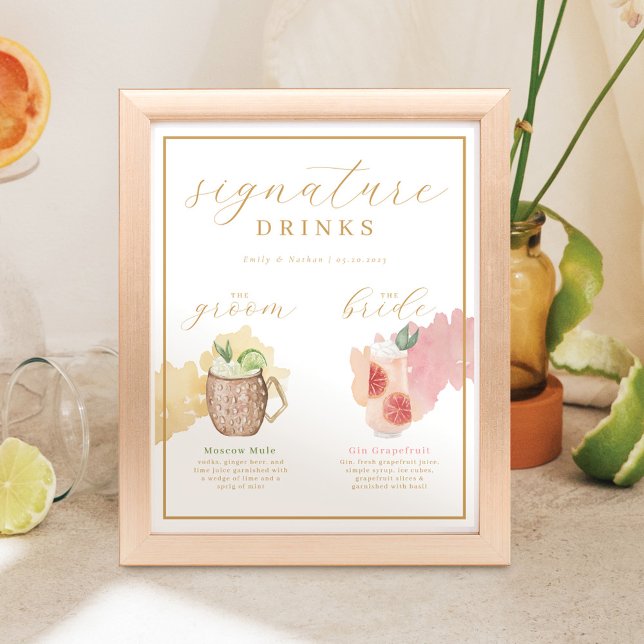 Poster Bride & Groom Signature Drinks Cocktail Aquarela (Criador carregado)