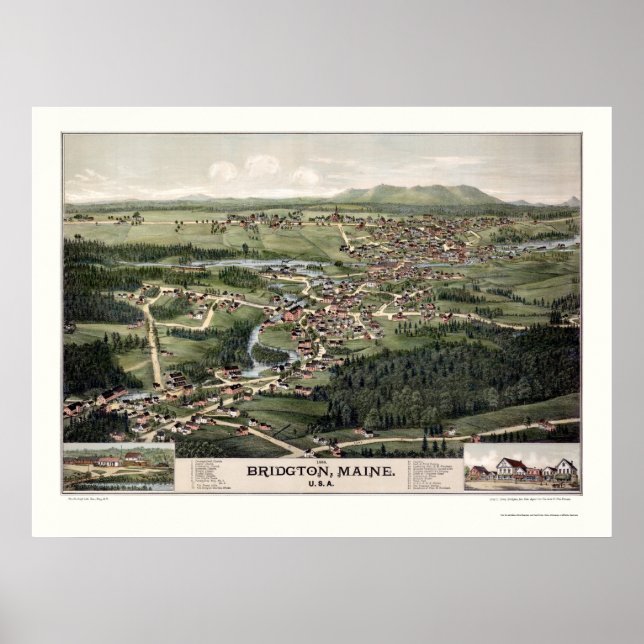 Póster Bridgton, Mapa Panorâmico do ME - 1888 (Frente)