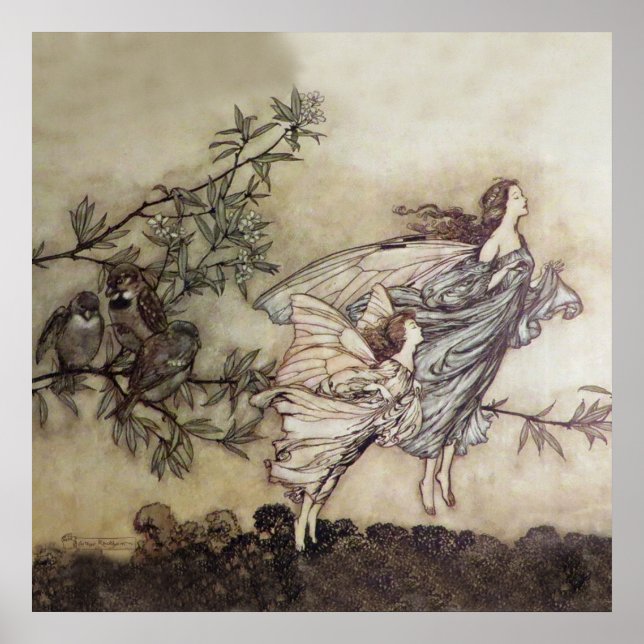 Poster “Briga de Fadas com os Pássaros” por Arthur Rackha (Frente)