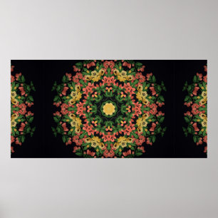 Poster Bright floral mandala with red and yellow flowers.