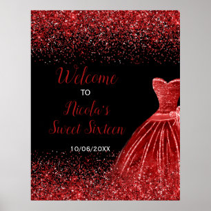 Poster Bright Red Dress Faux Glitter Sweet 16 Welcome