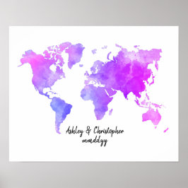 Poster Bright Watercolor World Map Casamento Arte de Livr