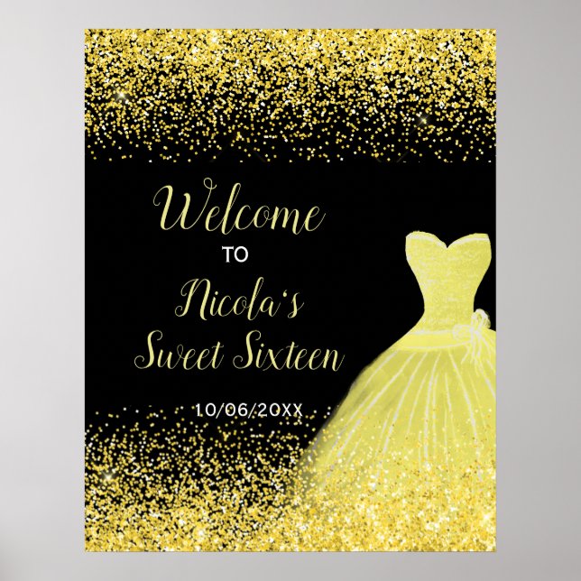 Poster Bright Yellow Dress Faux Glitter Sweet 16 Welcome (Frente)