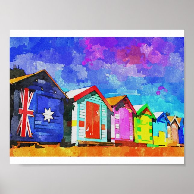 Póster Brighton Bathing Boxes Watercolor Painting (Frente)