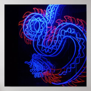 Poster Brilho de fundo preto do dragão azul neon