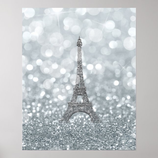 Póster Brilho de Glitter Prateado Torre Eiffel Glam (Frente)