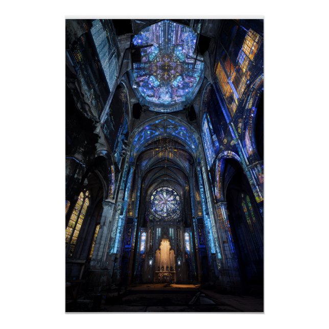Póster Brilho de projeção de vitral de catedral arruinada (Frente)