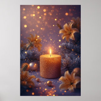 Poster Brilho de Vela Dourada com Romance de Lírios & Aco