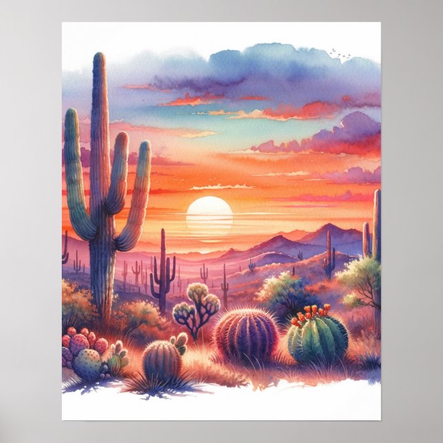 Poster Brilho do Pôr do Sol no Deserto Aquarela Sudoeste  (Frente)