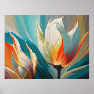 Poster Brilho Floral Abstrato em Turquesa e Laranja