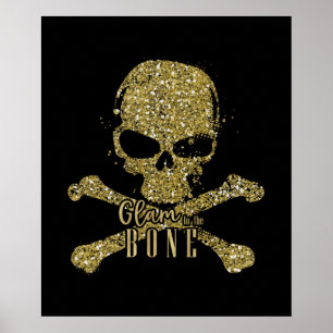 Poster Brilho Preto Glam até os Ossos Caveira com Brilho