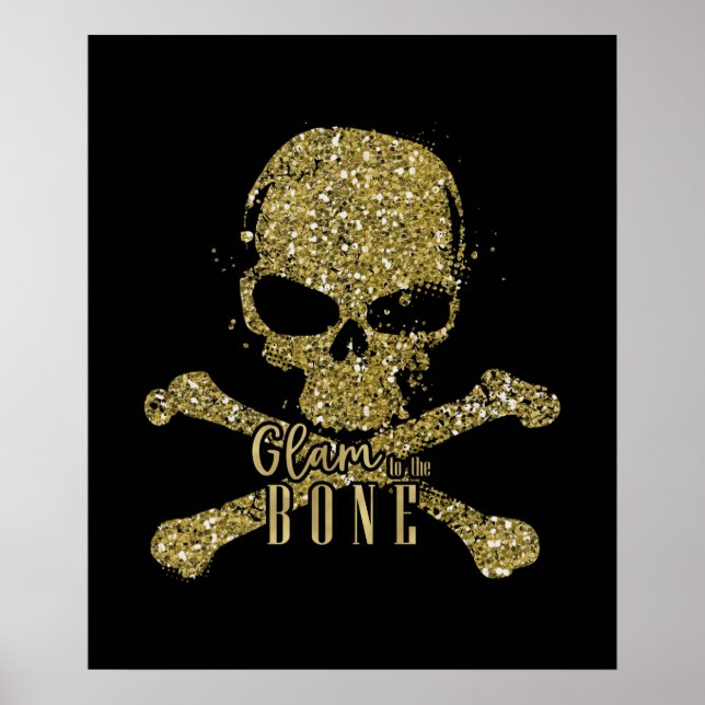 Poster Brilho Preto Glam até os Ossos Caveira com Brilho  (Frente)