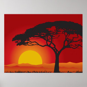 Póster Briliiant Red Sunset Under The Bonsai Tree