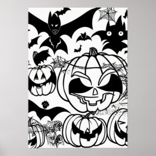 Poster Brincadeira de desenhos de halloween preto e branc