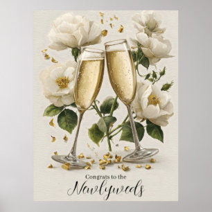 Poster Brinde de champanhe elegante com rosas brancas