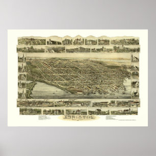 Póster Bristol, mapa panorâmico de RI - 1891