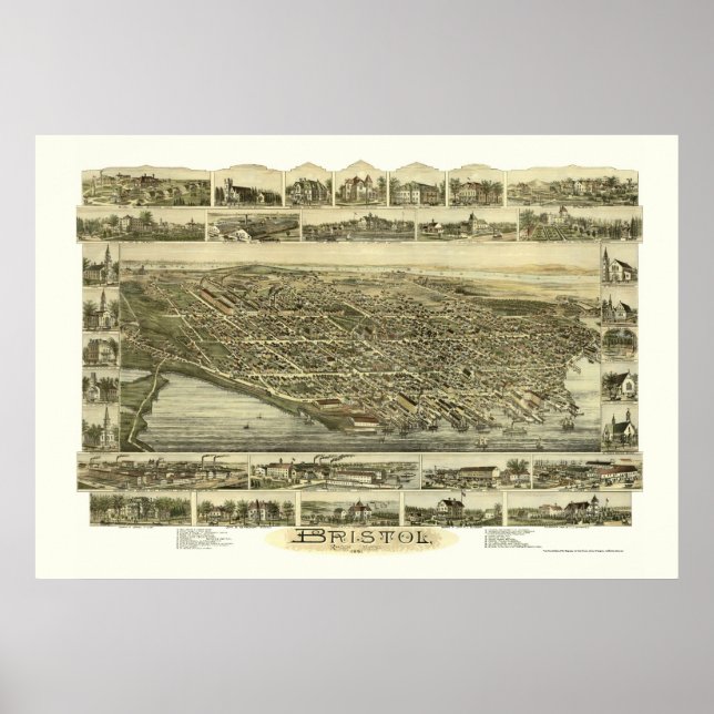 Póster Bristol, Mapa Panorâmico do RI - 1891 (Frente)