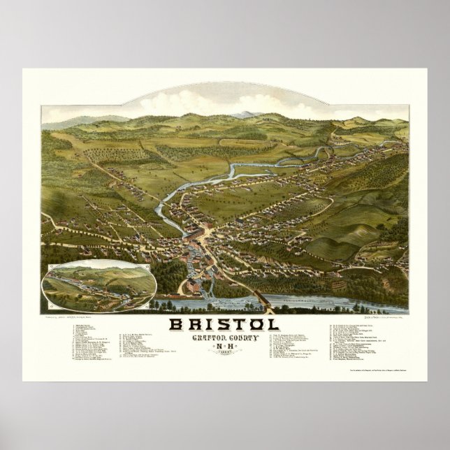 Poster Bristol, Mapa Panorâmico NH - 1884 (Frente)