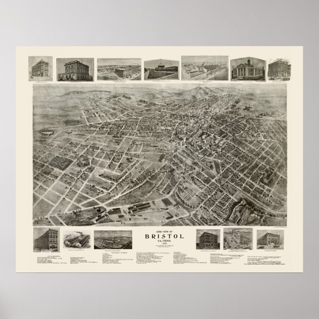Póster Bristol, Mapa Panorâmico TN - 1912 (Frente)
