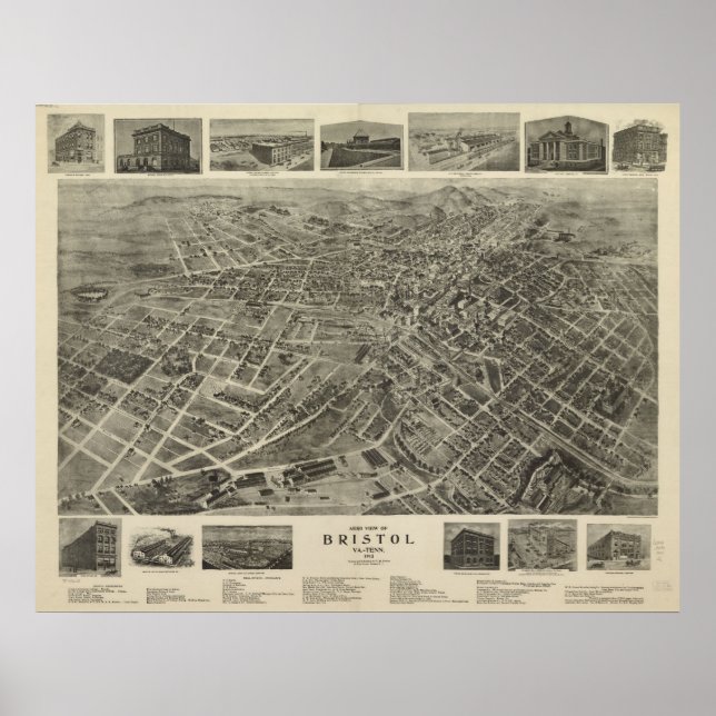 Poster Bristol, VA TN Bird, 1912, Mapa Panorâmico da Visã (Frente)