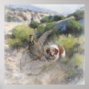 Poster Brittany Spaniel caçando partucho chukar, Art