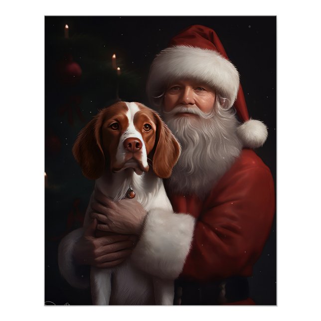 Póster Brittany Spaniel Com Papai Noel Natal (Frente)