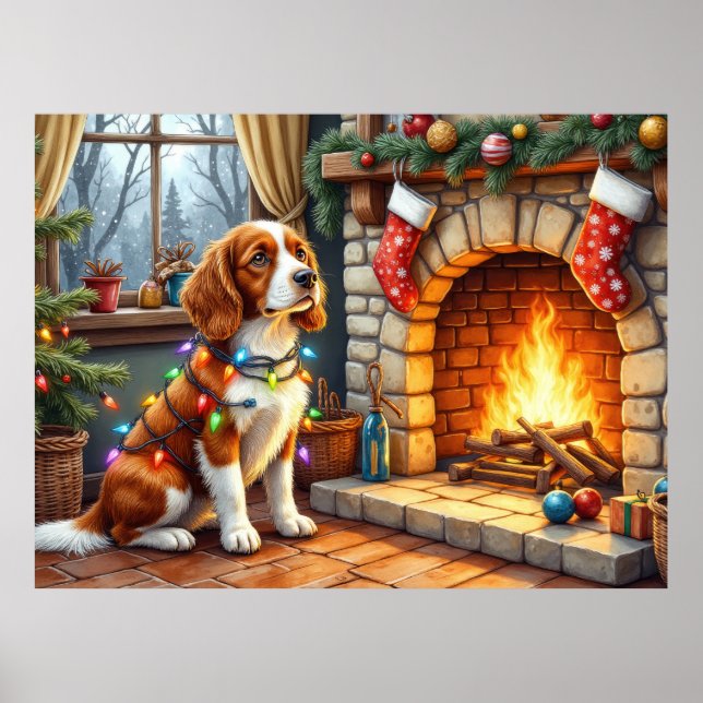 Poster Brittany Spaniel Lareira com Luzes de Natal (Frente)