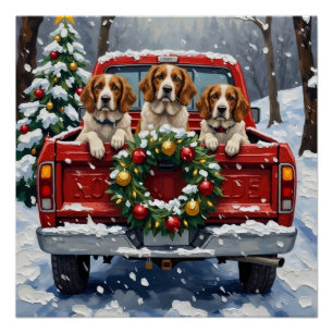 Póster Brittany Spaniel Natal Caminhão Vermelho Férias