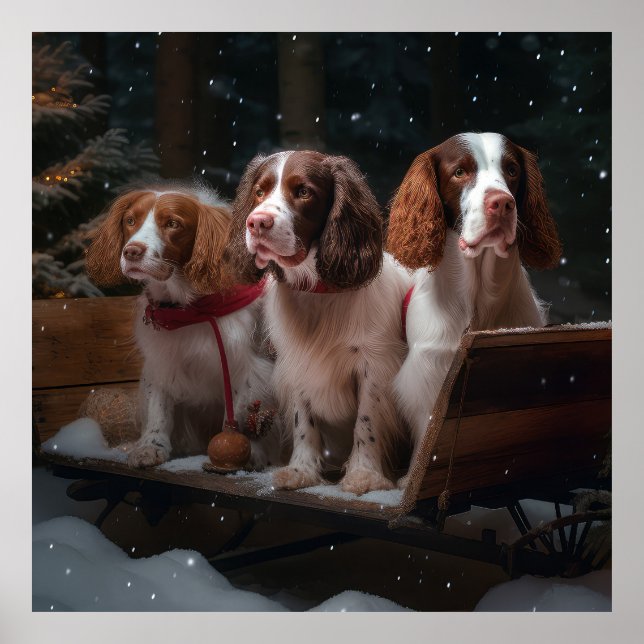 Poster Brittany Spaniel Neve Trenó Natal Decoração (Frente)