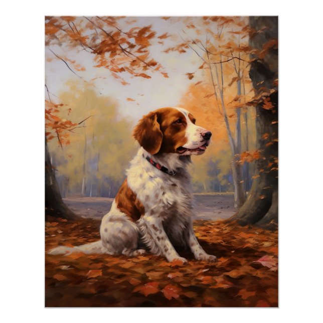 Póster Brittany Spaniel no Outono Folhas Caídas Inspiram (Frente)