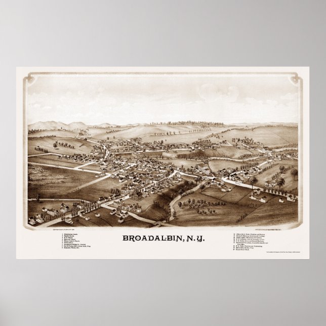 Póster Broadalbin, Mapa Panorâmico NY - 1880 (Frente)