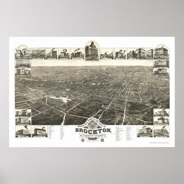 Poster Brockton, Mapa Panorâmico do MÃE - 1882 (Frente)