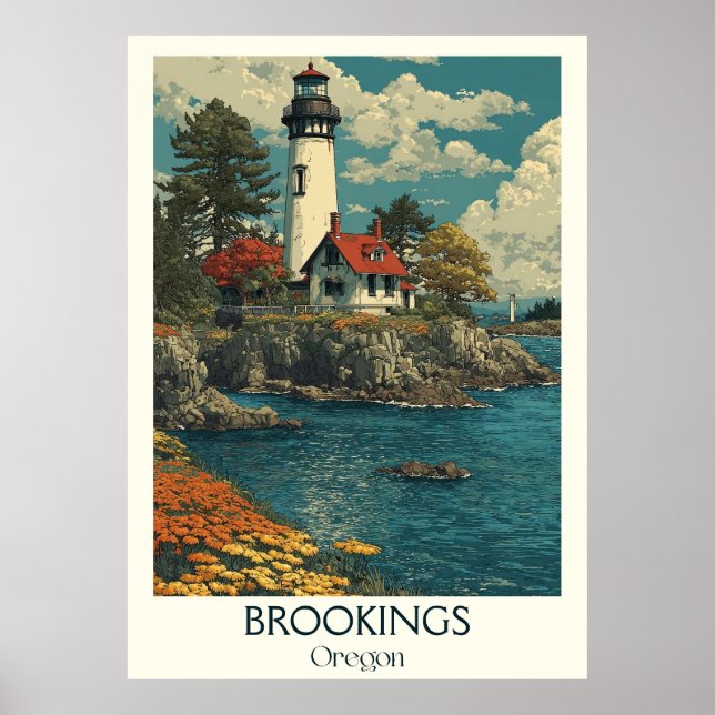 Poster Brookings Oregon Vintage Lighthouse Arte Costeira (Frente)
