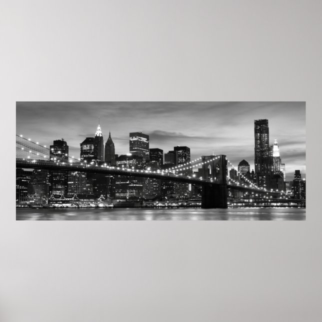 Póster Brooklyn Bridge e Manhattan Skyline no Night NYC (Frente)
