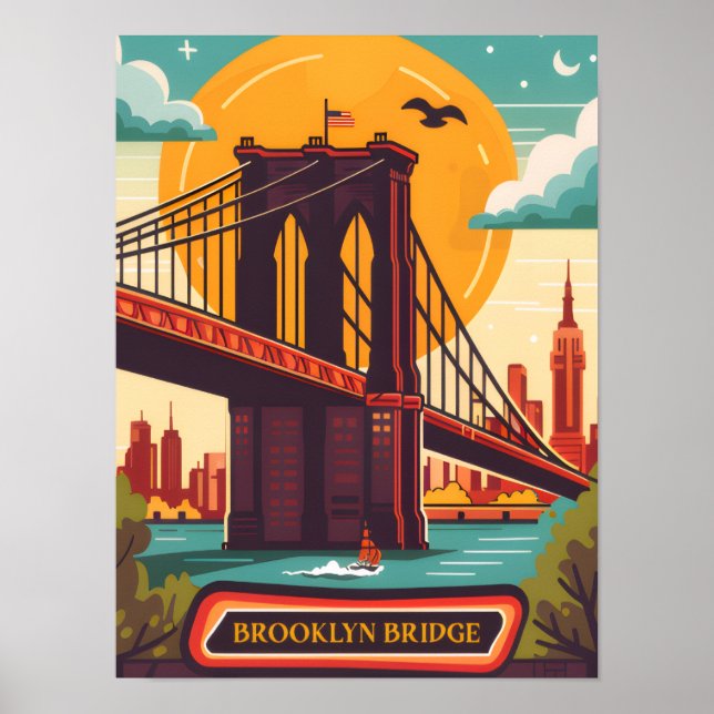 Poster Brooklyn Bridge Manhattan NYC Retro Travel (Frente)