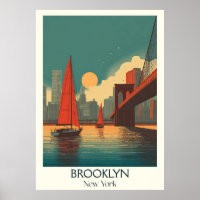 Brooklyn New York Vintage Bridge Skyline Art