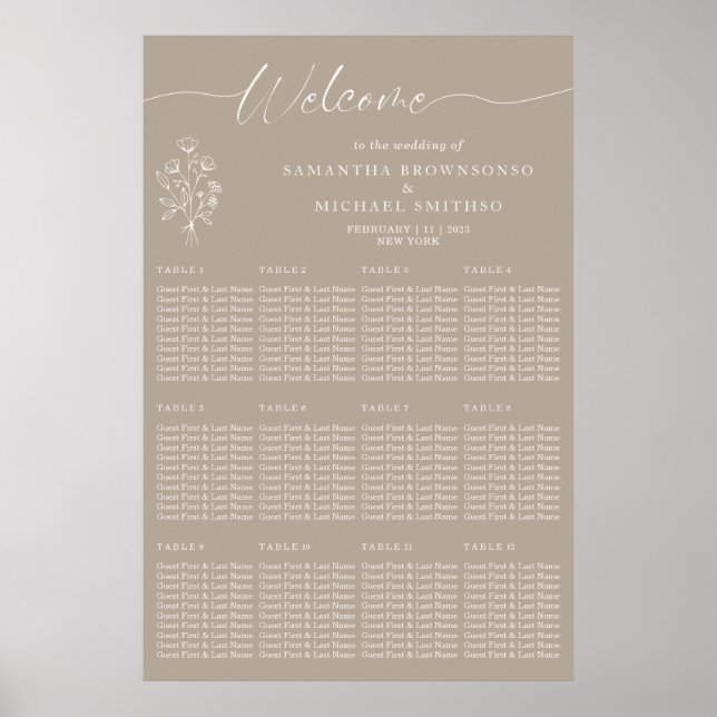 Poster Brown Beige Botanical Floral Welcome Wedding (Frente)