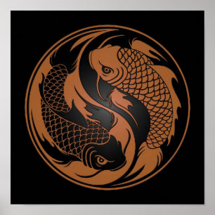 Póster Brown e peixes pretos de Yin Yang Koi