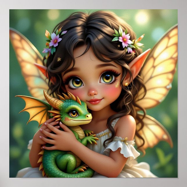 Poster Brown Eyed Elven Fairy and Dragon  (Frente)