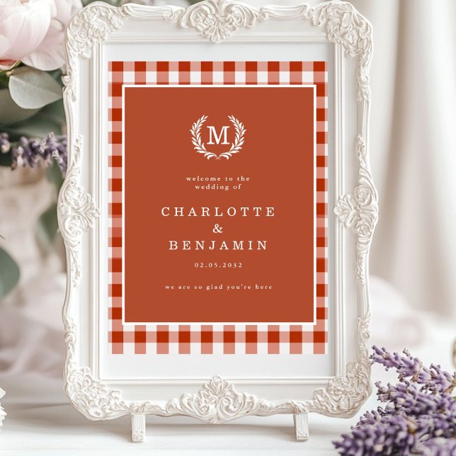 Poster Brown Gingham Monograma Crest Weding Bem-vindo (Brown Gingham Monogram Crest Wedding Welcome Poster)
