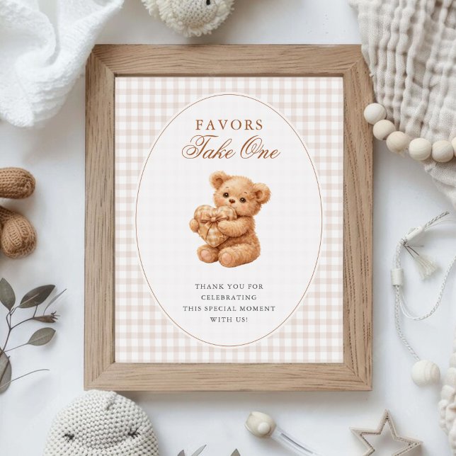 Poster Brown Gingham Teddy Bear Neutral Baby Shower Paper (Criador carregado)