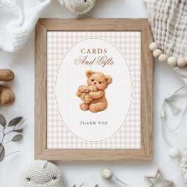 Poster Brown Gingham Teddy Bear Neutral Baby Shower Paper