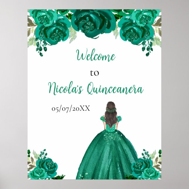 Poster Brown Hair Princesa Verde Quinceanera Bem-vinda (Frente)