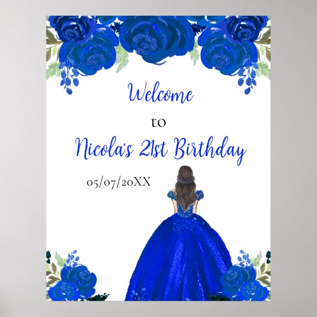 Poster Brown Hair Princess Blue Floral Birthday Welcome (Frente)